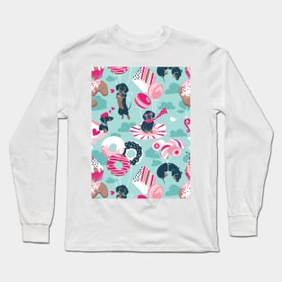 Pastel café sweet love dream // pattern // aqua background fuchsia pink pastry details blue dachshund dog puppies Long Sleeve T-Shirt